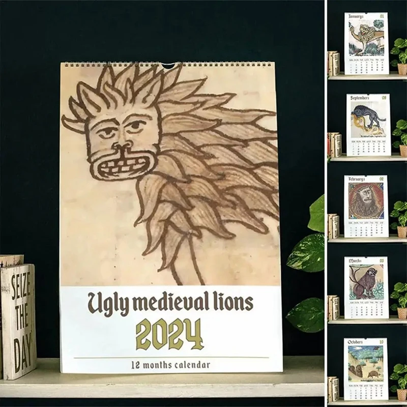 1 ШТ 2024 Декоративный Забавный Подарок-розыгрыш, Настенный календарь со Львом, как показано на рисунке, Утолщение бумаги для школьного льва Изображение 0 
