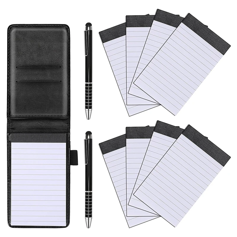 11 шт Мини-карманный блокнот из искусственной кожи, Бизнес-блокнот в комплекте, 2 ШТ Металлическая ручка, 8 ШТ Многоразовая записная книжка черного цвета