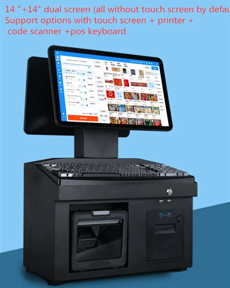 14,1-дюймовый кассовый аппарат с каналом самообслуживания, кассир супермаркета, универсальная клавиатура, встроенная POS-система 58-мм принтера Изображение 0 