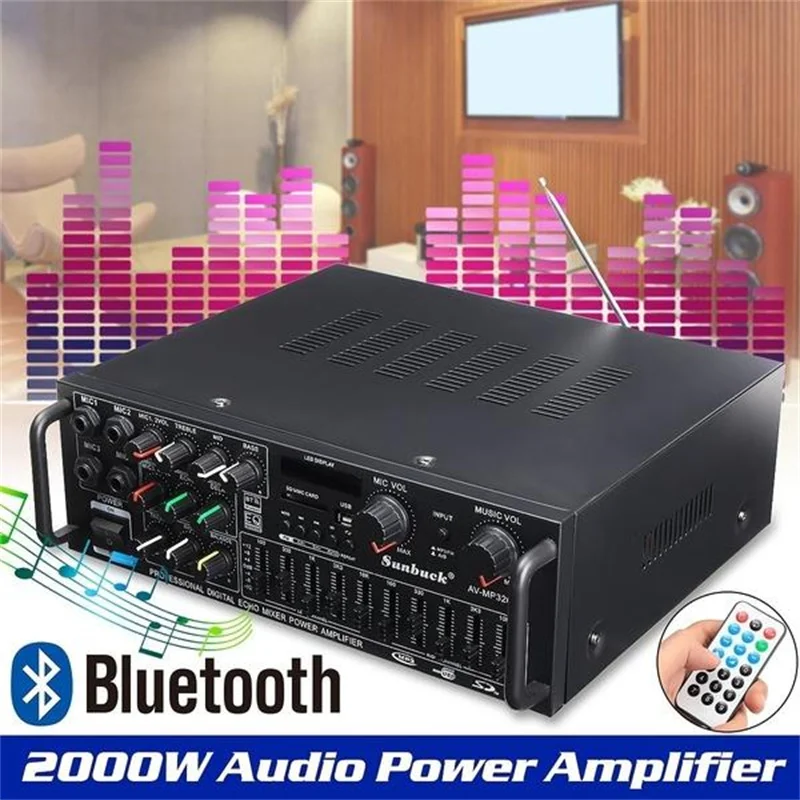 2000 Вт Канальный усилитель мощности Bluetooth 2.0 12 В /220 В, автомобильный аудиоусилитель с аудиоплеером с дистанционным управлением