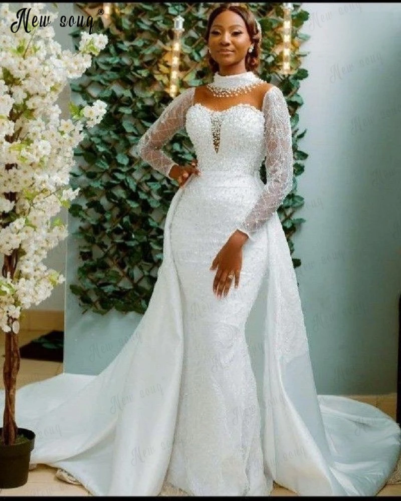 2023 Африканское Свадебное платье Со Съемным Шлейфом, Сверкающее Бисером и жемчугом, Роскошные Свадебные Платья С Высоким Воротом и Длинными Рукавами Robe de Mariée