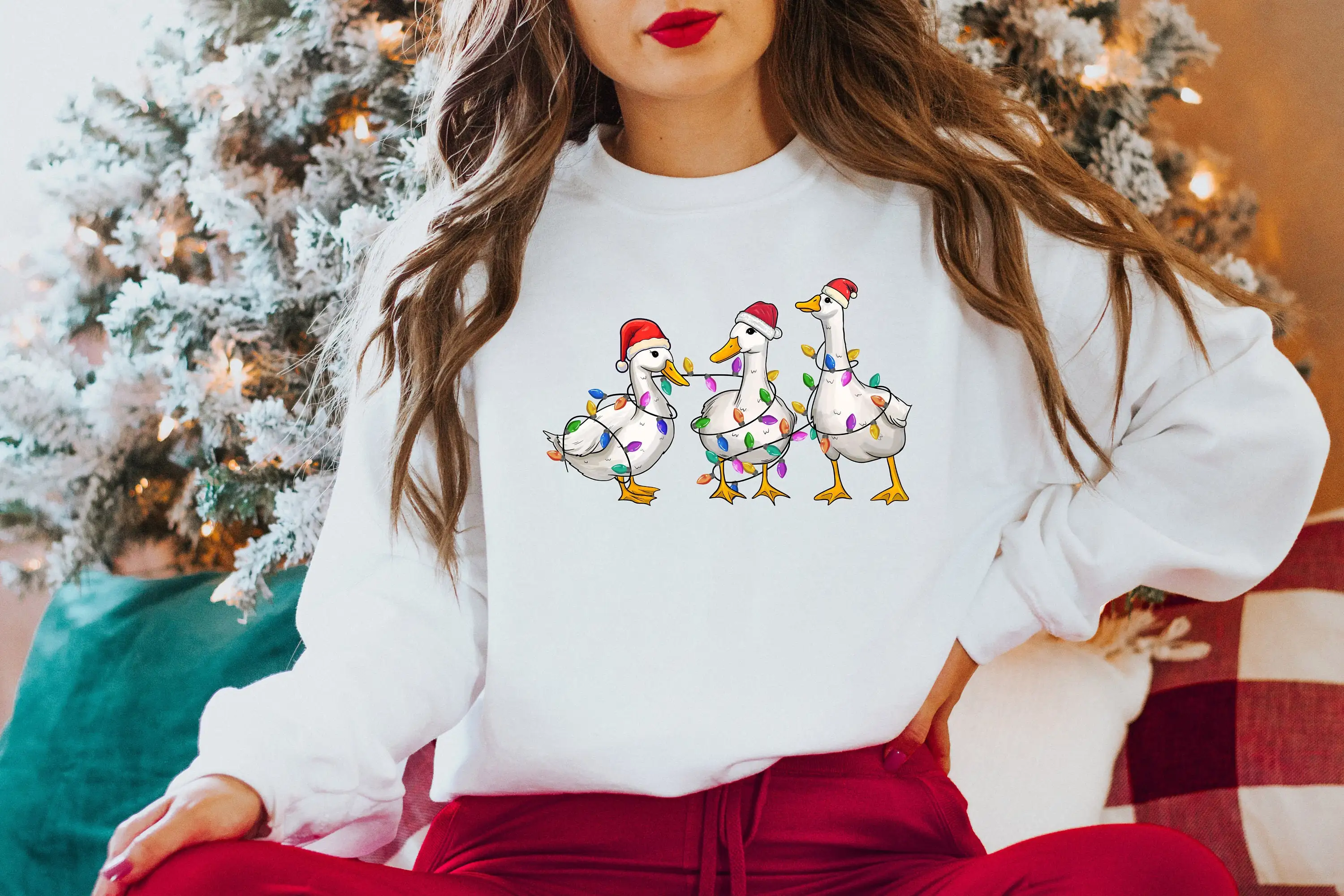 2023 Новая модная женская толстовка на Рождество, милая хлопковая женская рубашка с принтом в виде утиных огоньков, незаменимые рождественские топы для семейных вечеринок