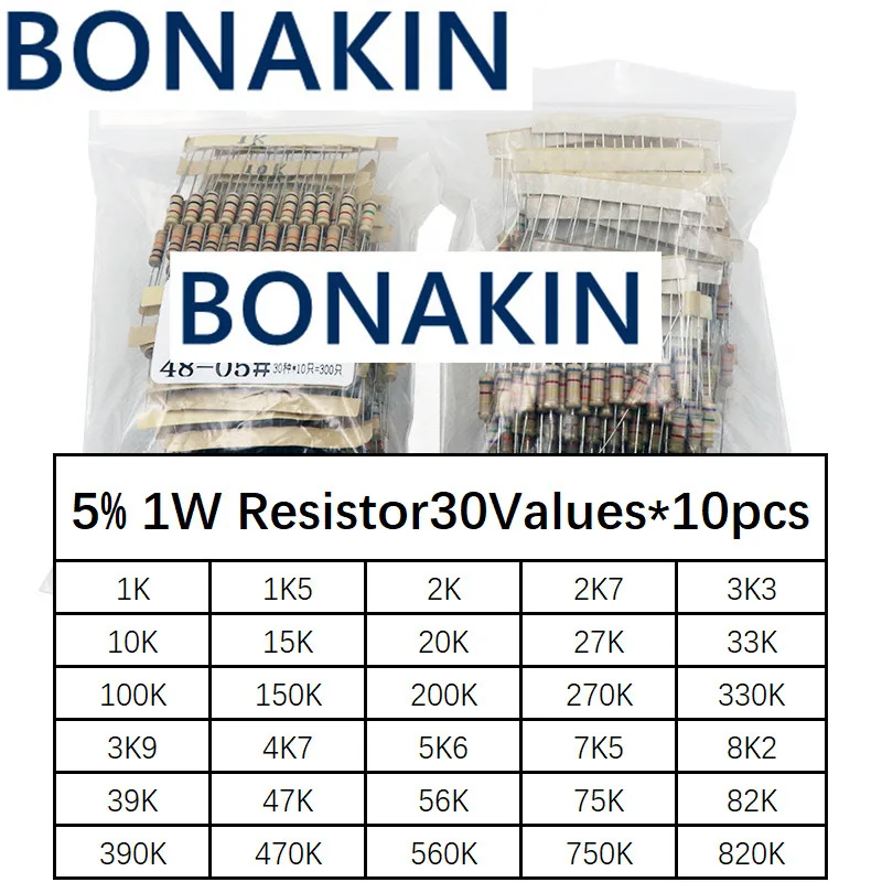 300шт Комплект резисторов 1 Вт 5% 30 значений * 10шт Комплект углеродной пленки 1K-820K Ом 1 Вт