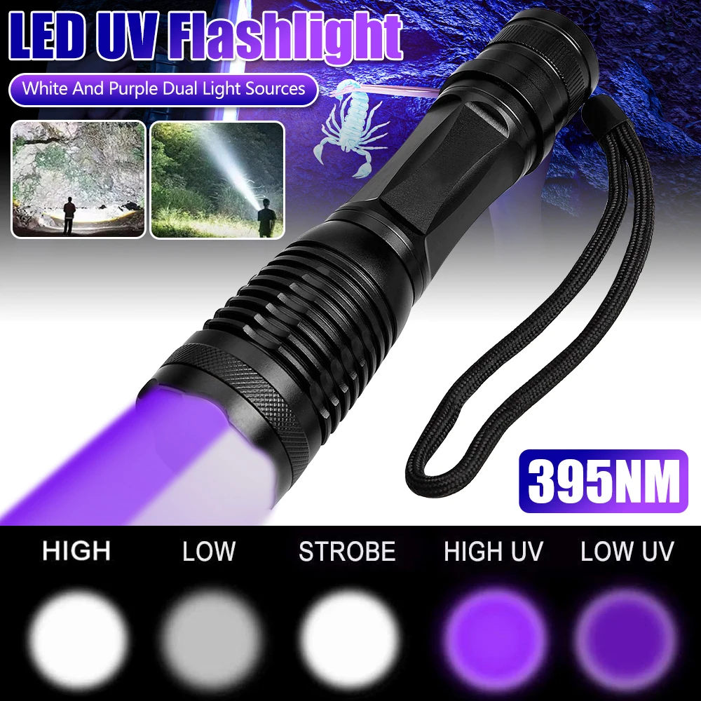 395-нм фиолетово-белый фонарик с двойным освещением, светодиодный ультрафиолетовый фонарик, масштабируемый фонарик, УФ-фонарик для обнаружения флуоресцентных агентов Изображение 1 