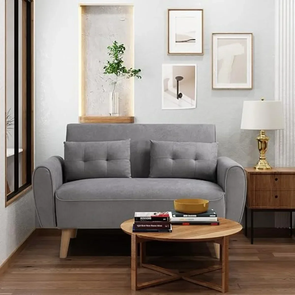 47-дюймовый маленький современный диван Loveseat, обитый тканью 2-местный диван, мягкая мебель Love Seat с 2 подушками, светло-серый Изображение 0 