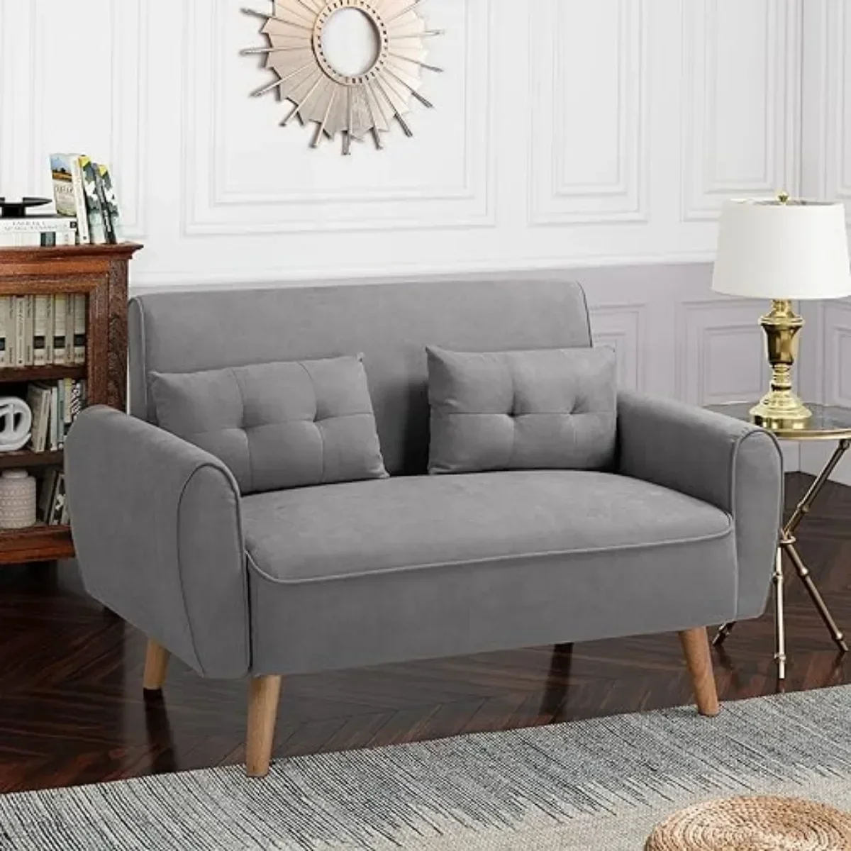 47-дюймовый маленький современный диван Loveseat, обитый тканью 2-местный диван, мягкая мебель Love Seat с 2 подушками, светло-серый Изображение 4 