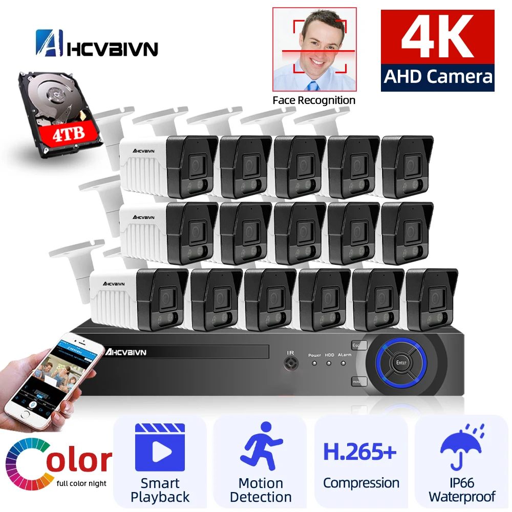 4K 16-канальная камера видеонаблюдения, комплект системы безопасности H.265, 16-канальный видеорегистратор, Наружная цветная камера ночного видения, AHD, Комплект видеонаблюдения P2P