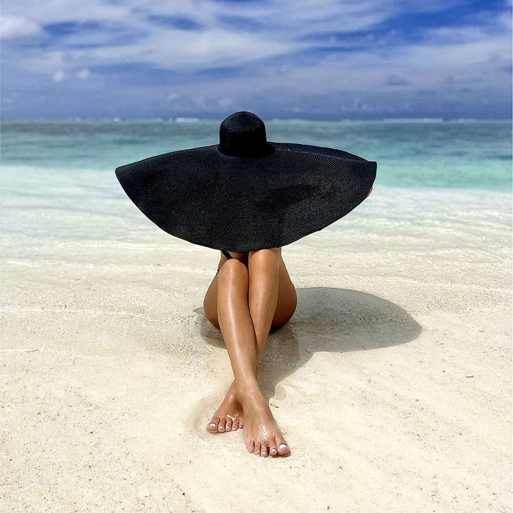 70 см Плюс Размер Солнцезащитные Нудистские Пляжные Шляпы Для Женщин Летние Модные Соломенные Кепки 25 см С Широкими Полями Негабаритная Складная Шляпа-Козырек