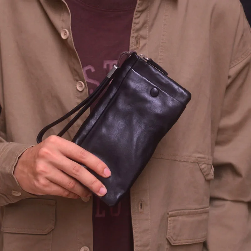 AETOO, плиссированный дизайн ручной работы, винтажный мужской длинный кошелек, кожаная сумочка из воловьей кожи растительного дубления, повседневная женская сумка с несколькими карточками