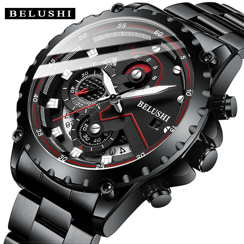 BELUSHI Fashion Новые мужские часы Лучший бренд класса Люкс Хронограф Полностью стальные водонепроницаемые кварцевые часы Мужские спортивные часы с датой