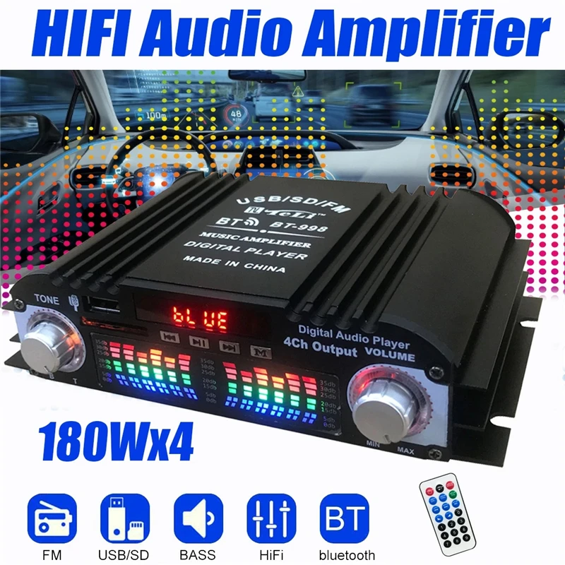 BT-998 Hifi Аудио Домашние Цифровые Усилители Автомобильное Аудио Мощность Басов Bluetooth Усилитель FM USB SD Радио для Динамиков Сабвуфера DC12V