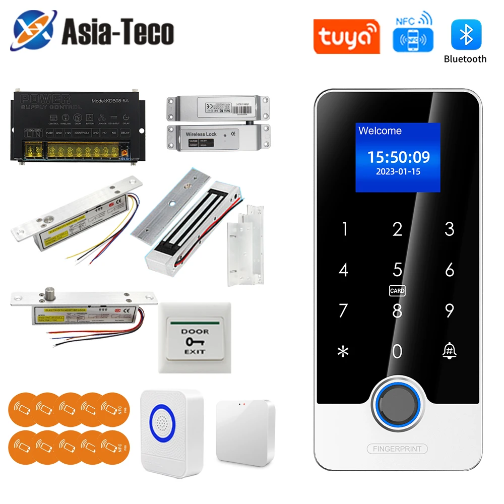 Bluetooth Tuya APP Комплект Контроля Доступа К Двери Водонепроницаемый RFID NFC Биометрическая Клавиатура С Отпечатками Пальцев 180 КГ Электрические Магнитные Замки
