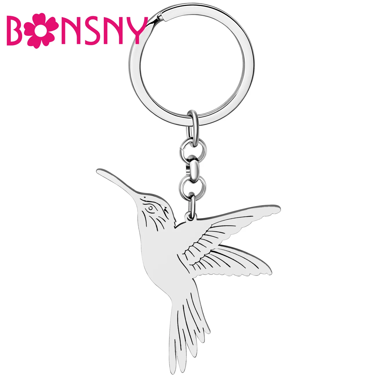 Bonsny Брелки с колибри из нержавеющей стали, посеребренные, с птицами, брелки для ключей, женские модные украшения, кошельки, подвески Изображение 0 