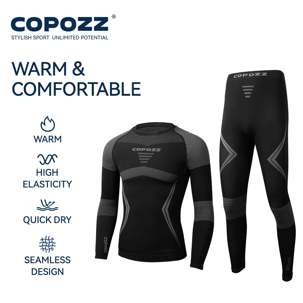 COPOZZ Мужские и женские комплекты лыжного термобелья, Быстросохнущий функциональный компрессионный спортивный костюм, обтягивающие топы и брюки для сноубординга для взрослых Изображение 3 