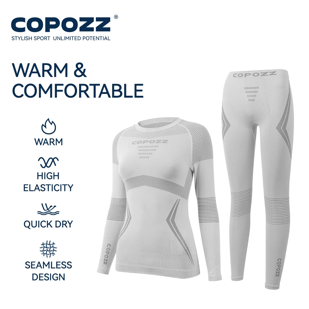 COPOZZ Мужские и женские комплекты лыжного термобелья, Быстросохнущий функциональный компрессионный спортивный костюм, обтягивающие топы и брюки для сноубординга для взрослых Изображение 4 