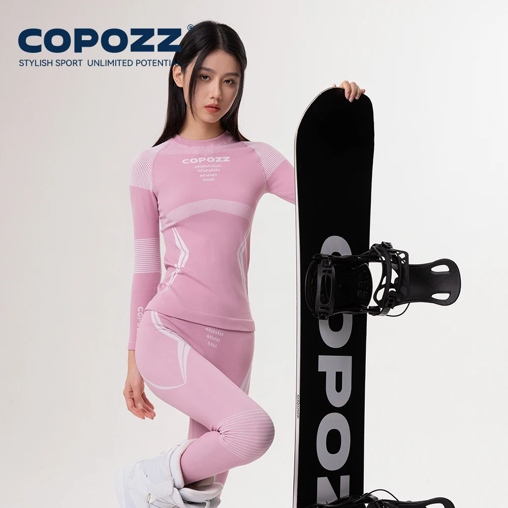 COPOZZ Мужские и женские комплекты лыжного термобелья, Быстросохнущий функциональный компрессионный спортивный костюм, обтягивающие топы и брюки для сноубординга для взрослых Изображение 5 