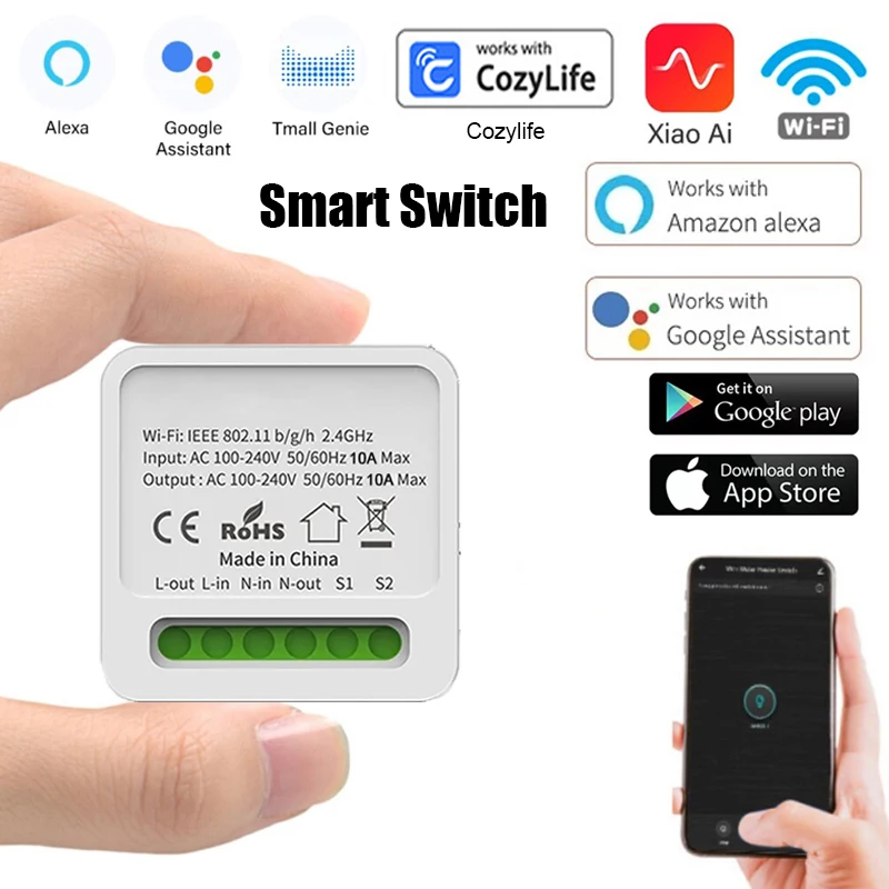 Cozylife Wifi Smart Switch Модуль мини-переключателей DIY Light с 2-полосным управлением Беспроводной выключатель Smart Home Работает с Alexa Google Home