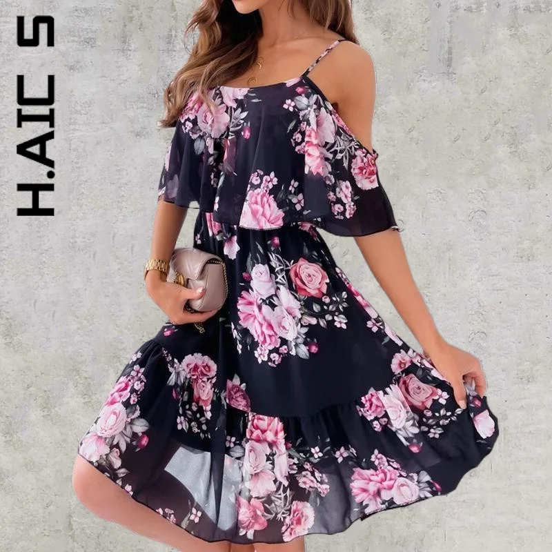 H.Aic S Dress Женское Новое сексуальное элегантное платье с открытыми плечами на тонких бретельках с цветочным принтом Dress Woman Vestidos Female Изображение 0 