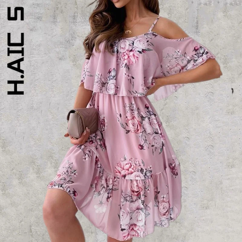 H.Aic S Dress Женское Новое сексуальное элегантное платье с открытыми плечами на тонких бретельках с цветочным принтом Dress Woman Vestidos Female Изображение 3 