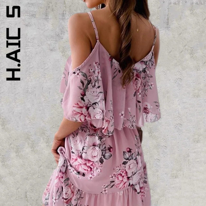 H.Aic S Dress Женское Новое сексуальное элегантное платье с открытыми плечами на тонких бретельках с цветочным принтом Dress Woman Vestidos Female Изображение 5 