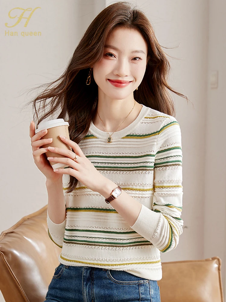 H Han Queen 2024 Весенне-осенний женский свитер в элегантную полоску с длинным рукавом, офисные винтажные пуловеры, свободная повседневная женская одежда