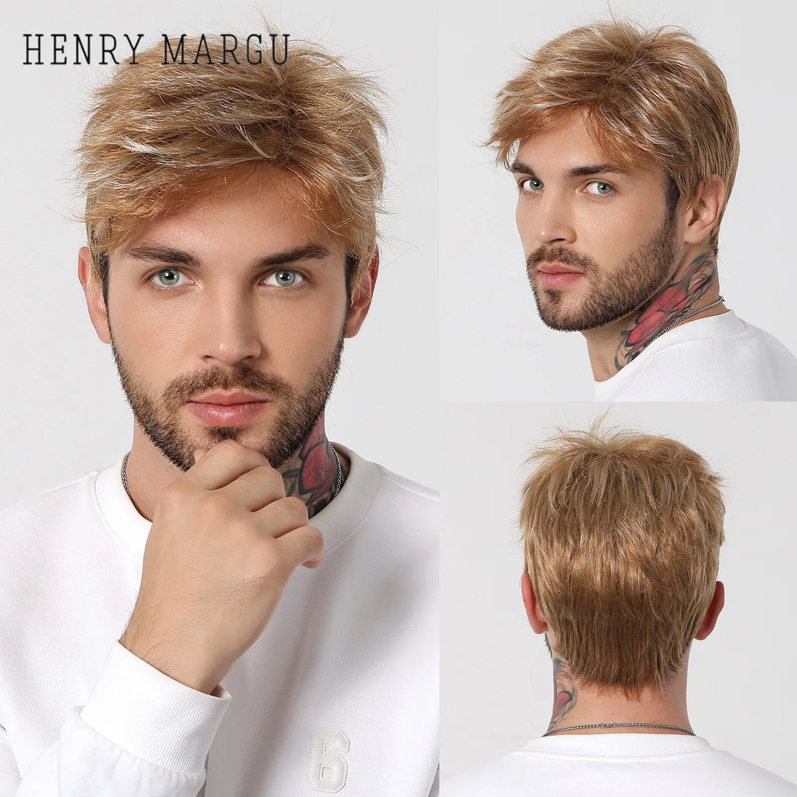 HENRY MARGU Мужской светло-коричневый парик с подсветкой, короткий парик смешанного цвета для мужчин, многослойные синтетические волосы, Повседневный натуральный парик, термостойкий