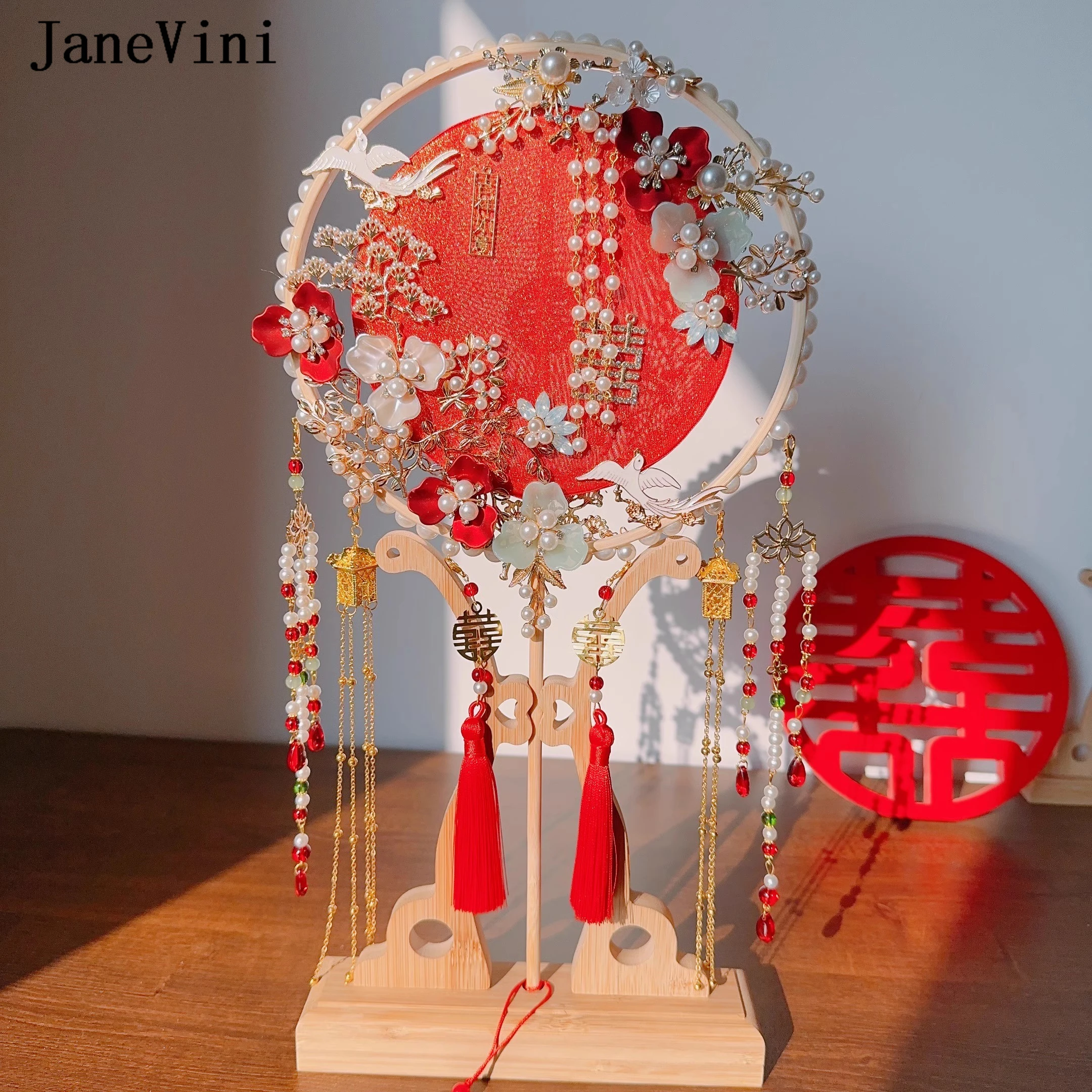 JaneVini Роскошный веер невесты ручной работы, Красный свадебный букет в стиле ретро, Цветы из бисера, жемчуг, Китайский веер, Украшение для фотографии Hanfu