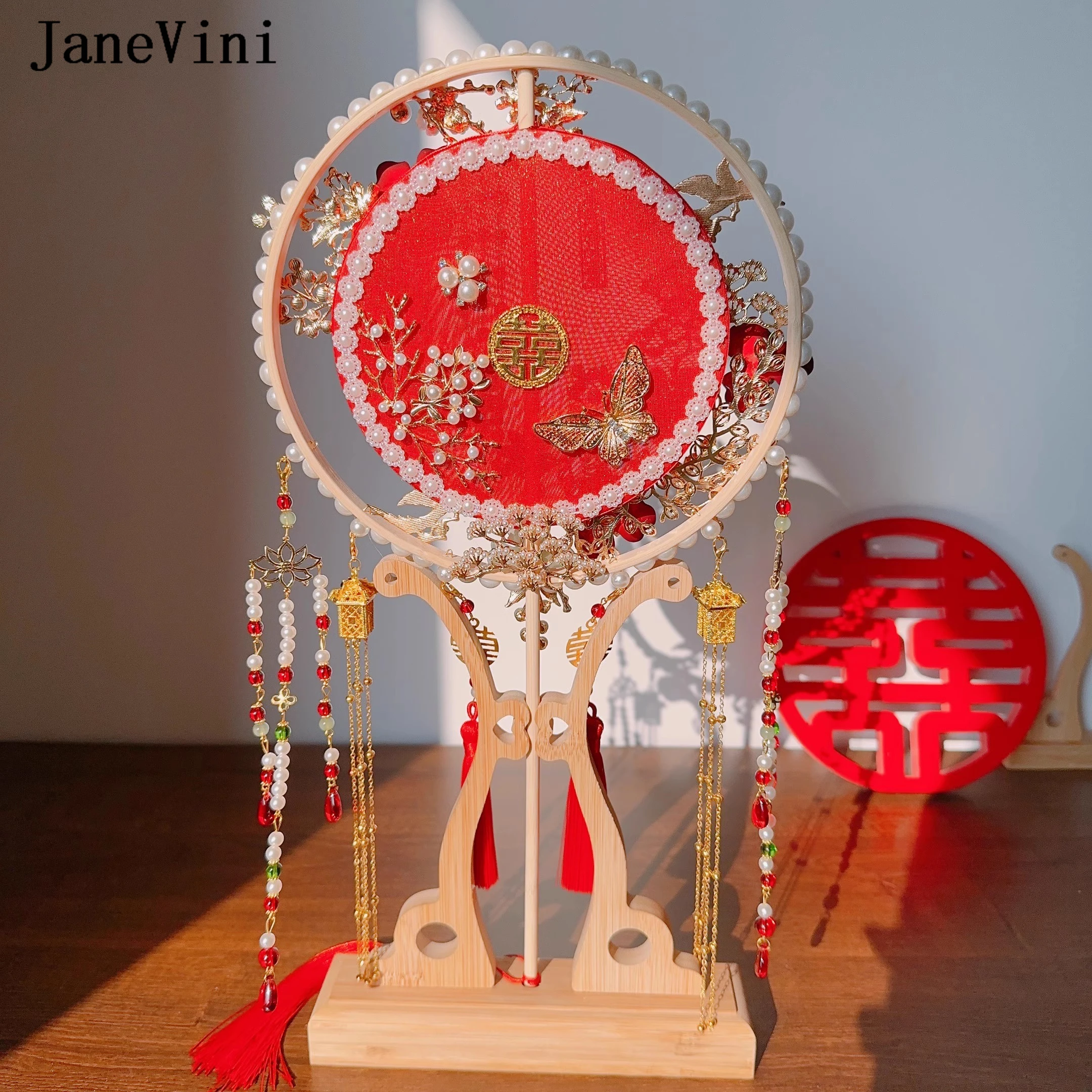 JaneVini Роскошный веер невесты ручной работы, Красный свадебный букет в стиле ретро, Цветы из бисера, жемчуг, Китайский веер, Украшение для фотографии Hanfu Изображение 1 