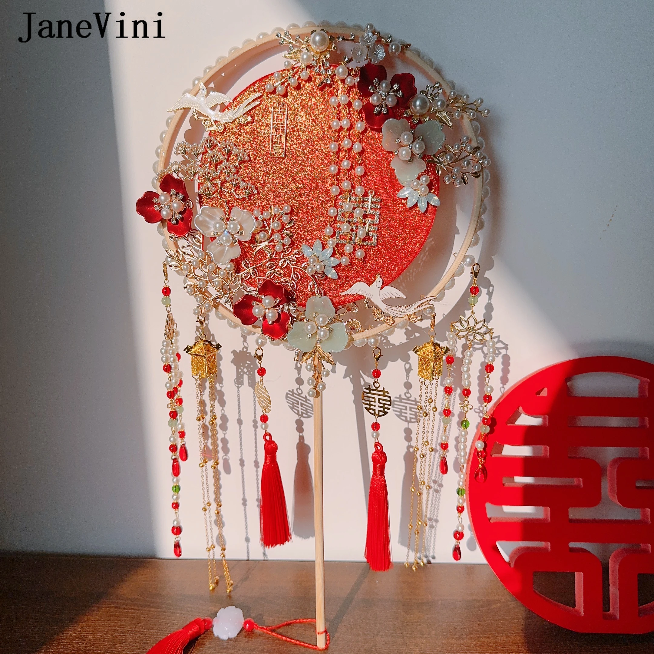 JaneVini Роскошный веер невесты ручной работы, Красный свадебный букет в стиле ретро, Цветы из бисера, жемчуг, Китайский веер, Украшение для фотографии Hanfu Изображение 2 