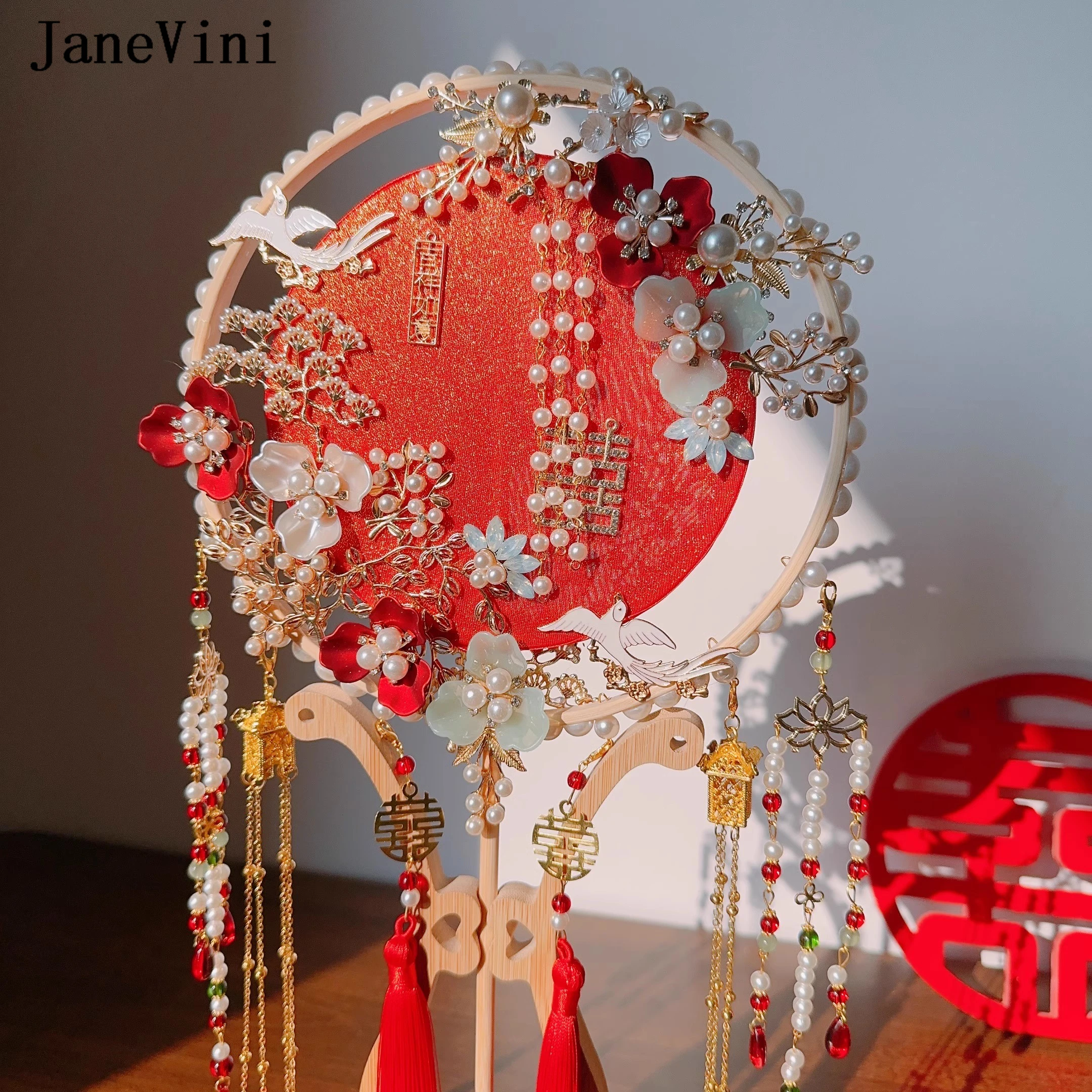 JaneVini Роскошный веер невесты ручной работы, Красный свадебный букет в стиле ретро, Цветы из бисера, жемчуг, Китайский веер, Украшение для фотографии Hanfu Изображение 3 