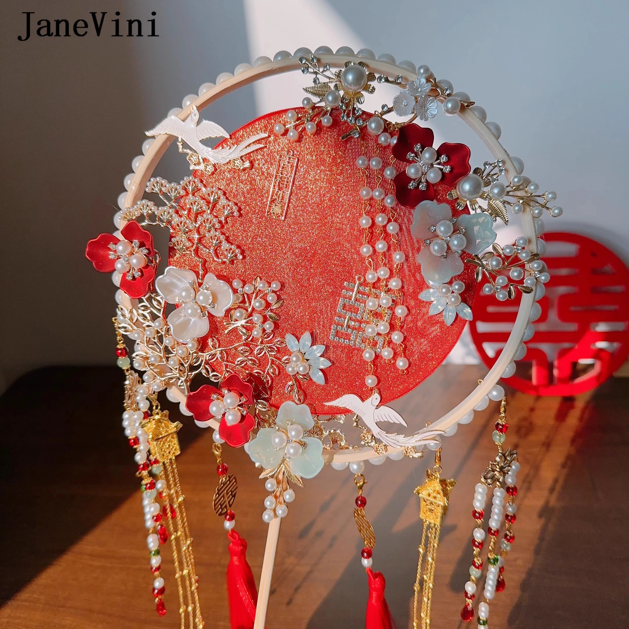 JaneVini Роскошный веер невесты ручной работы, Красный свадебный букет в стиле ретро, Цветы из бисера, жемчуг, Китайский веер, Украшение для фотографии Hanfu Изображение 5 