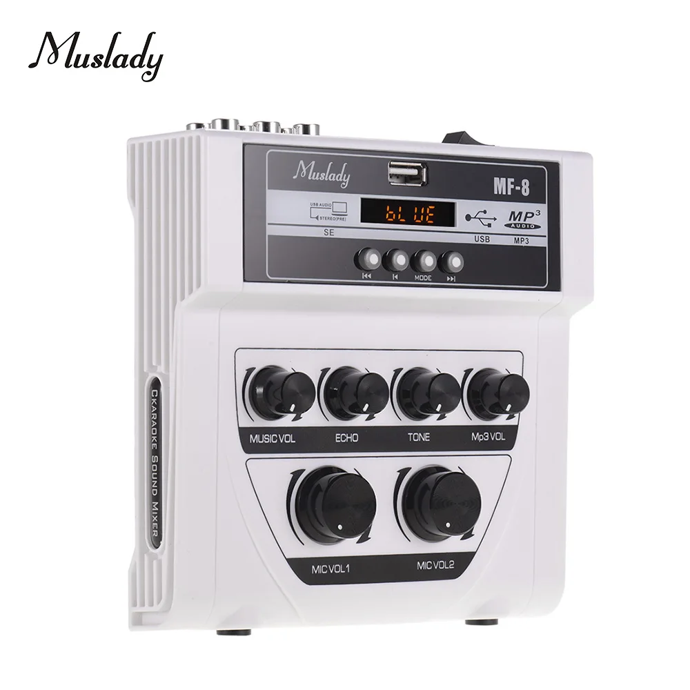 Muslady MF-8 Mini Karaoke Sound Аудиомикшер, стерео эхо-Микшеры, двойные микрофонные входы, поддержка BT записи MP3 для усилителя ПК
