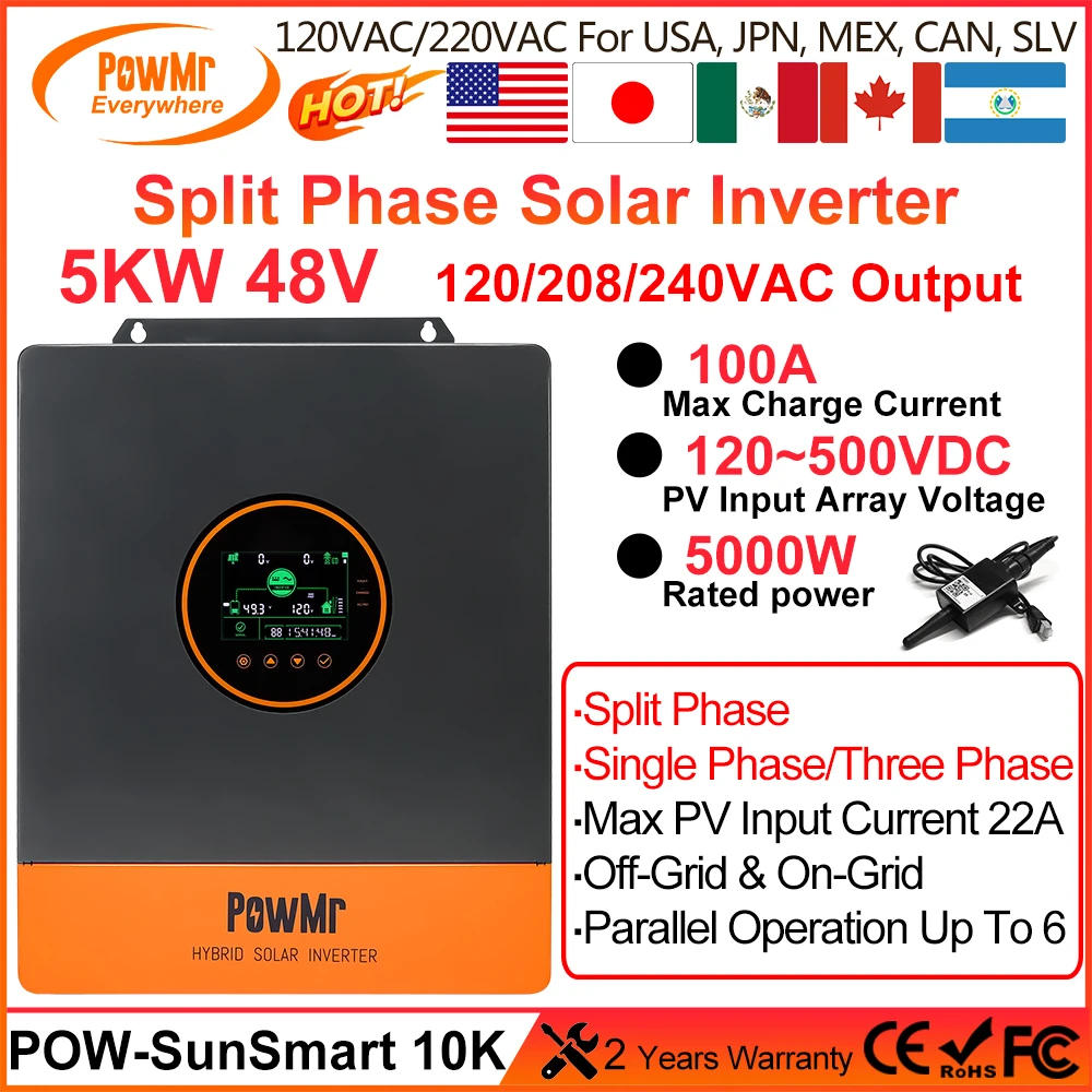 PowMr 5000 Вт 48 В Двухфазный Гибридный Солнечный Инвертор 120/208/240 В Переменного Тока С Контроллером MPPT 100A Поддерживает Параллельную работу и Подключение к сети