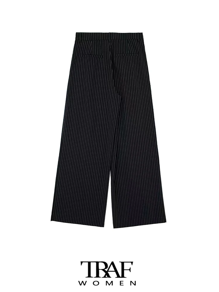 TRAF/ Женские модные брюки в полоску с боковыми карманами во всю длину, винтажные женские брюки на молнии с высокой талией, Mujer Изображение 1 