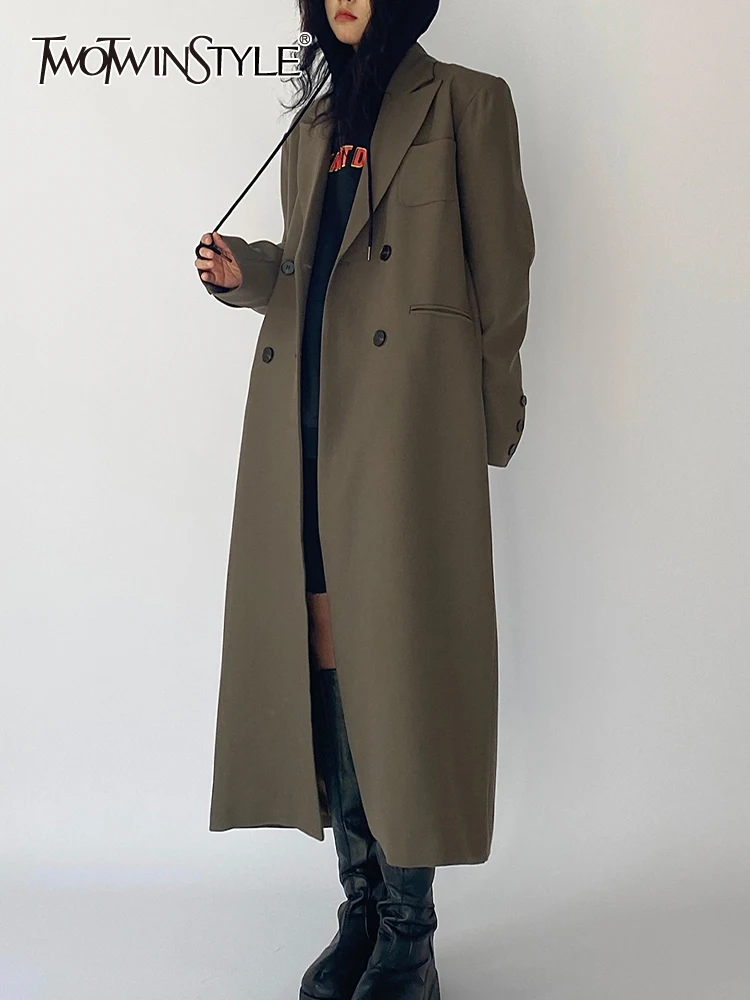 TWOTWINSTYLE Однотонный минималистичный тренч для женщин с зубчатым воротником и длинным рукавом, двубортные пальто в стиле пэчворк, женский модный стиль