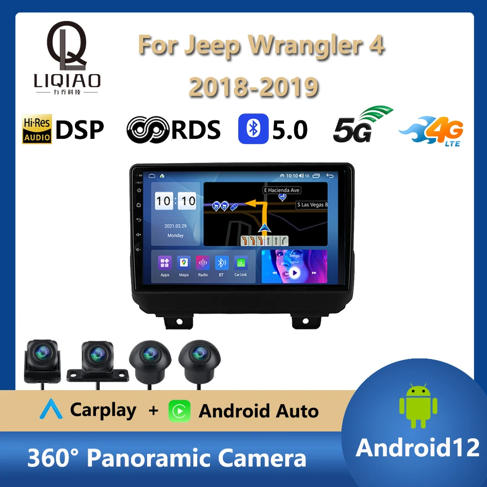Автомобильный Мультимедийный Плеер Android 12 Для Jeep Wrangler 4 2018 2019 Беспроводной Bluetooth Carplay 8-Ядерный Сенсорный экран 1280*720P QLED IPS