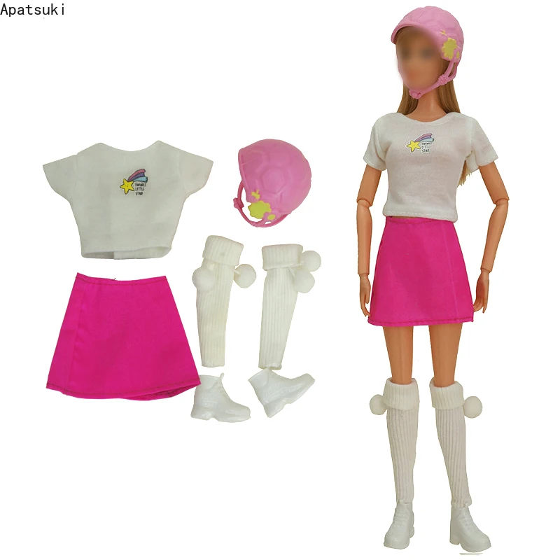 Белорозовая спортивная одежда для куклы Барби Комплект одежды для косплея Рубашка Юбка Обувь Шлем 1/6 Аксессуары для куклы