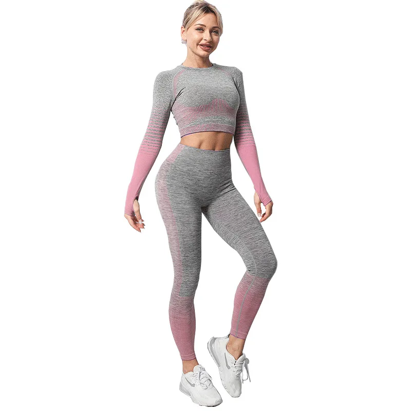 Бесшовный комплект для йоги для женщин, градиентные брюки для фитнеса с длинным рукавом, полосатый трикотажный спортивный костюм, одежда для тренировок в тренажерном зале, укороченный топ Изображение 4 