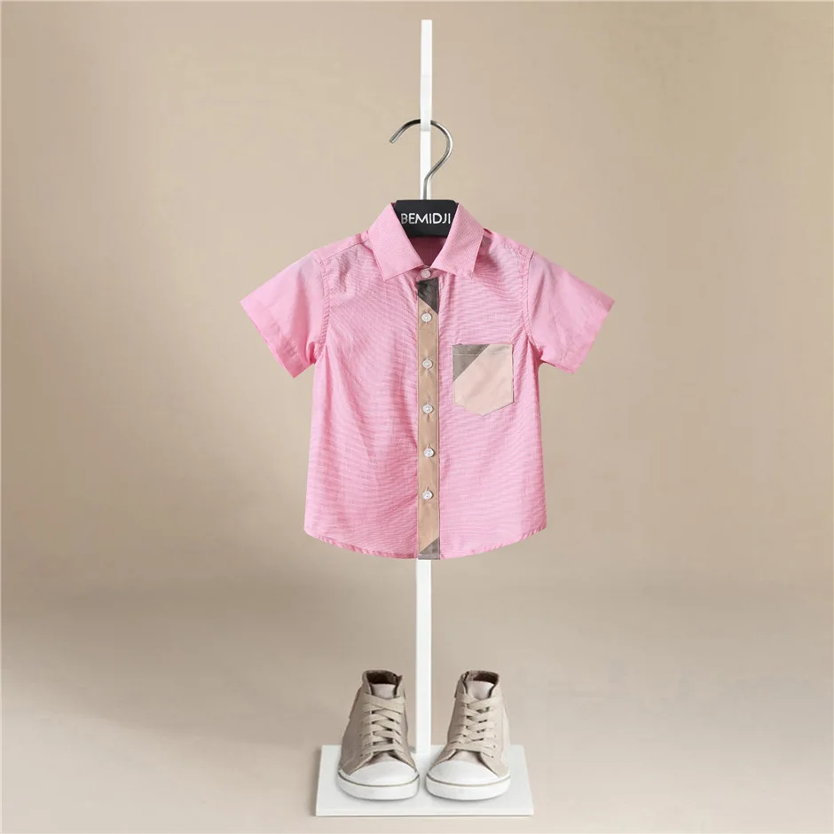 Блузка для девочек, Летние хлопковые рубашки в полоску с коротким рукавом, отложной воротник, Топы для маленьких мальчиков, Детская одежда, Розовый