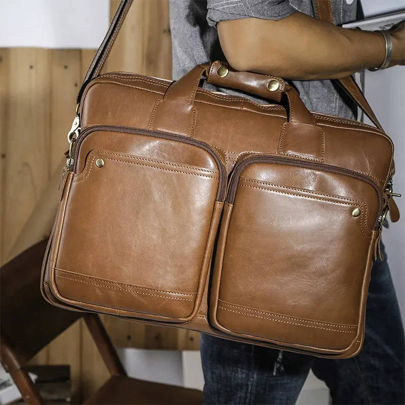 Большая деловая сумка из натуральной кожи для мужчин, мягкая 15,6-дюймовая сумка для ноутбука, мужской роскошный портфель через плечо Изображение 0 