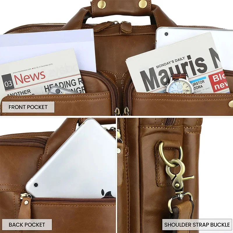 Большая деловая сумка из натуральной кожи для мужчин, мягкая 15,6-дюймовая сумка для ноутбука, мужской роскошный портфель через плечо Изображение 4 