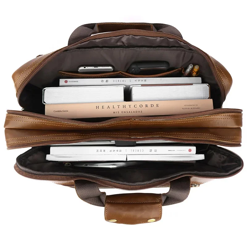Большая деловая сумка из натуральной кожи для мужчин, мягкая 15,6-дюймовая сумка для ноутбука, мужской роскошный портфель через плечо Изображение 5 