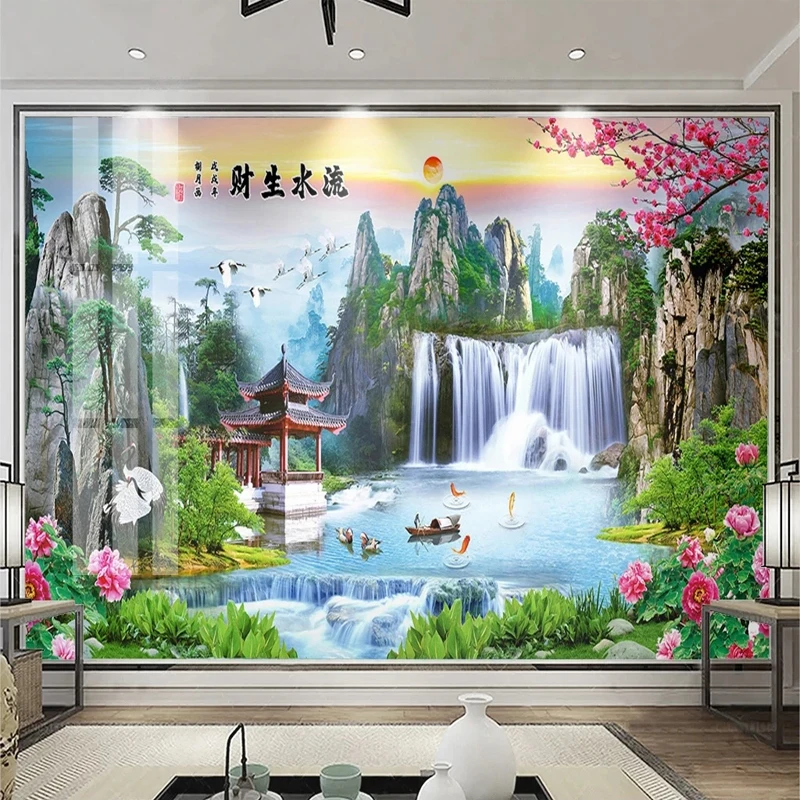 Бумага для фотообоев нестандартного размера, Водопад в китайском стиле, Природный пейзаж, 3D Панорамные обои для стен, декор для дома в гостиной