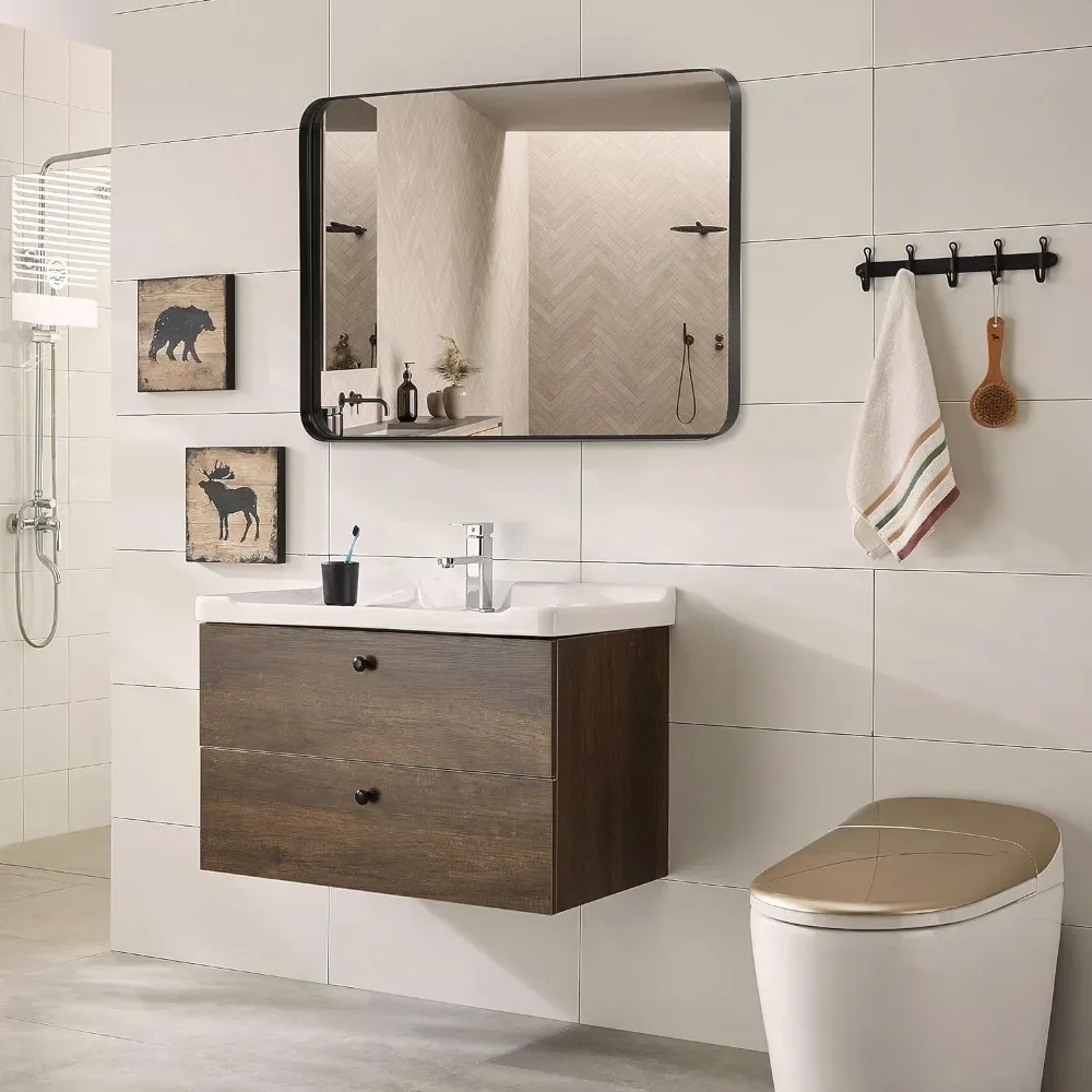 Ванная комната зеркало над раковиной настенный туалетный столик с закругленными краями угол металлического зеркала в рамах приспособления дома организация бесплатно Изображение 5 