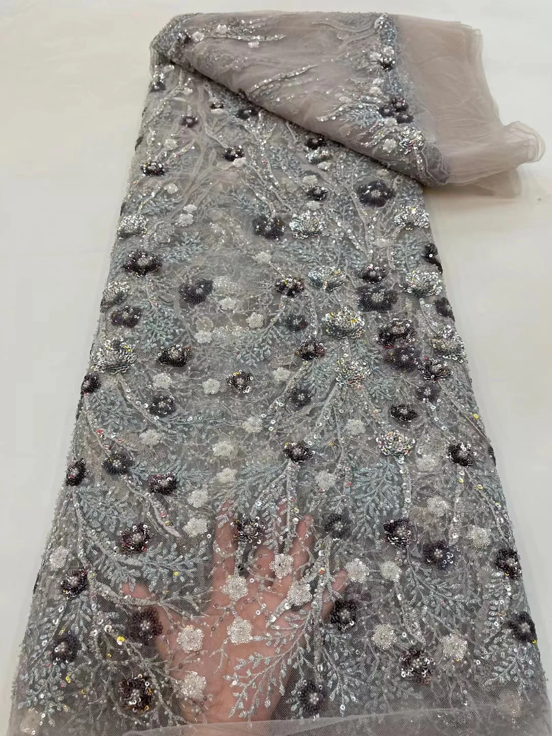 Великолепная Африканская роскошная кружевная ткань из бисера и пайеток, французское тяжелое жемчужное сетчатое кружево ручной работы для свадебного торжества, вечернего платья Изображение 2 