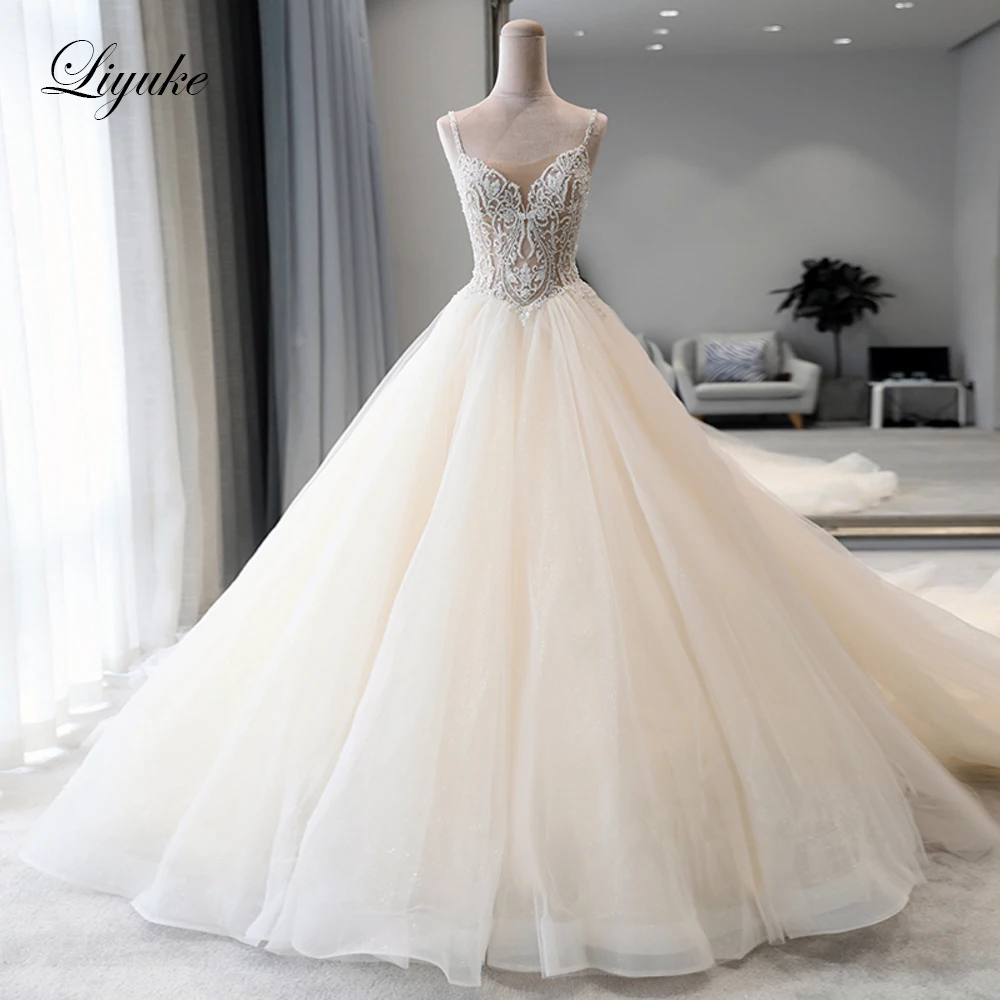 Великолепное бальное платье Liyuke, Свадебное платье с пышной юбкой, Элегантные стразы, бусины, Платье невесты с V-образным вырезом