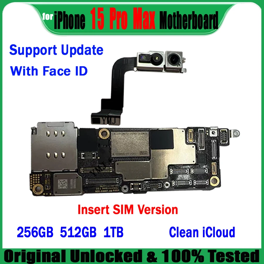 Версия для вставки SIM-карты для iPhone 15 Pro Max с Face ID Материнская плата с заводской разблокировкой Чистая материнская плата iCloud 100% Протестированная логическая плата