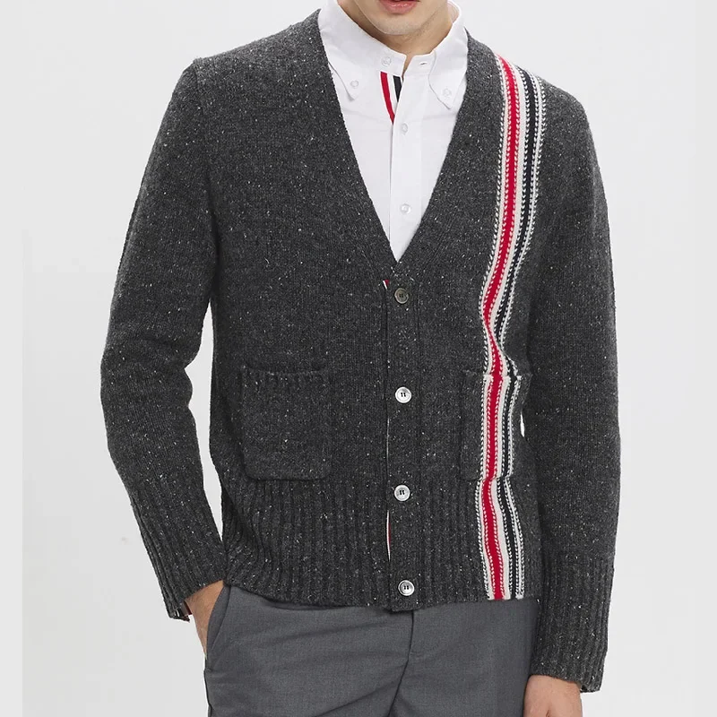 Весенне-осенний мужской свитер TB из смесового кашемира с V-образным вырезом, кардиган на пуговицах, пальто с карманами, классический свитер в полоску, топ