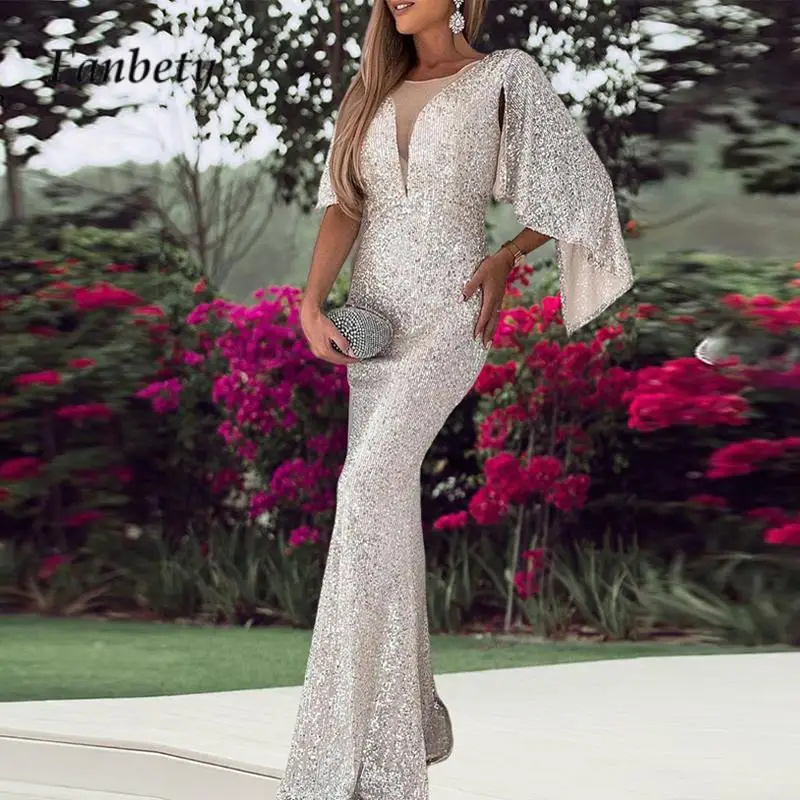 Вечеринка 2024 года, платье с серебряными блестками и рыбьим хвостом, Элегантное облегающее платье с V-образным вырезом и рукавом 