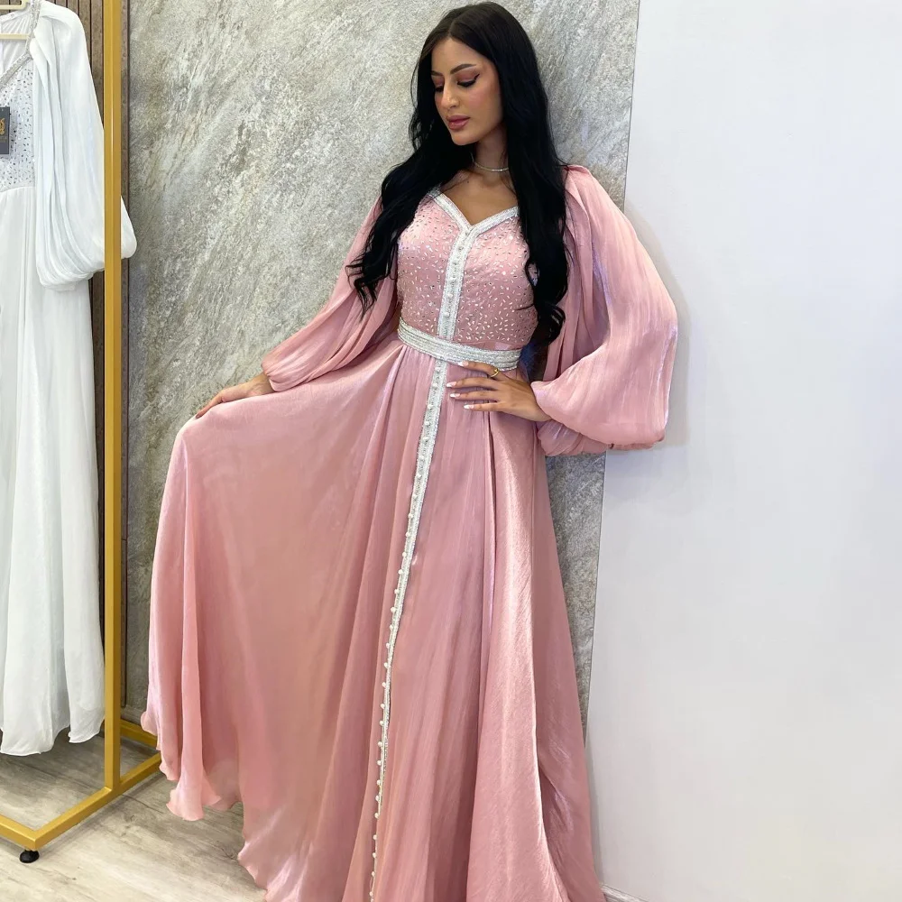 Вечернее платье эпохи А-силуэта с элегантным V-образным вырезом, блестящий кристалл, розовое платье для выпускного вечера в Саудовской Аравии в этническом стиле, новинка 2024 года